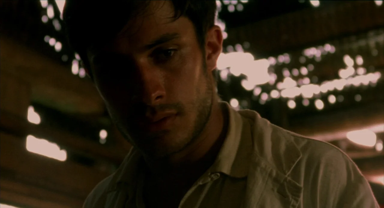 The Motorcycle Diaries (2004) movie still: closeup — The interior of a wooden barn is illuminated by beams of light filtering through. A young man…
