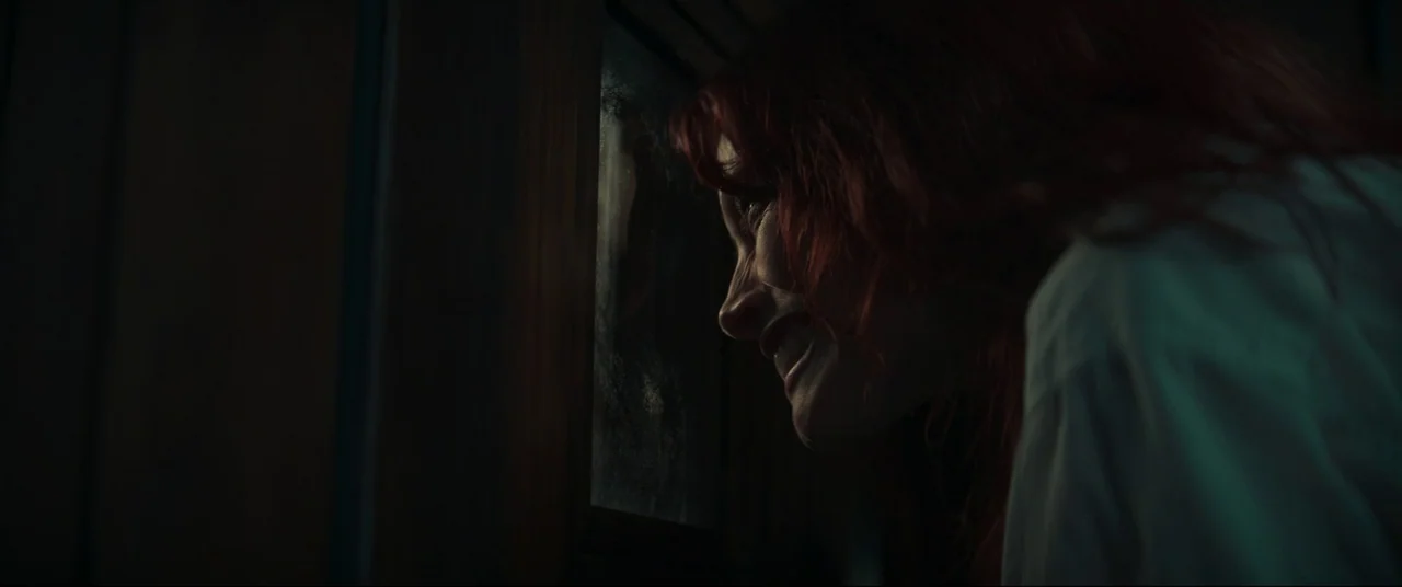Evil Dead Rise (2023) movie still: closeup — A dark wooden door with a small, frosted rectangular glass pane inset. A woman peers through the glass…