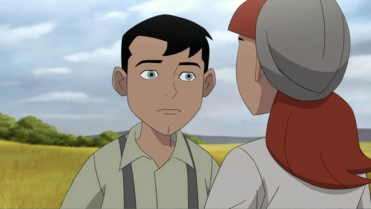 Superman: Red Son (2020) movie still: medium — An open rural field with a bright yellow crop under a cloudy sky. A young boy in suspenders speaks to…