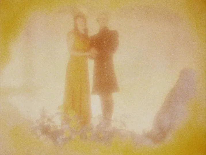 Careful (1992) movie still: fullbody — Two figures stand side by side in a field during an unclear time. The frame is heavily obscured by an…