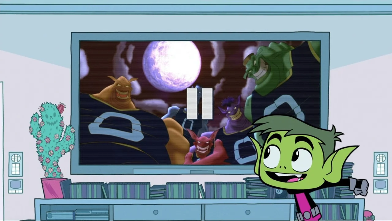 Teen Titans Go! To the Movies (2018) movie still: medium — A light blue living room features a flat screen television playing an animated show. A…