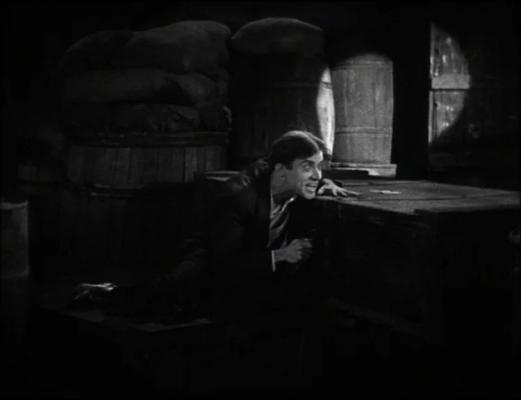 Dracula (1931) movie still: medium — A dark, cluttered room filled with stacked wooden crates and large fabric sacks. A man in a suit crouches near…