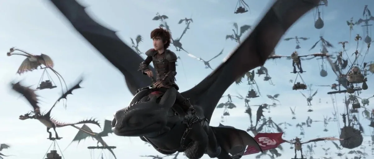 How to Train Your Dragon: The Hidden World (2019) movie still: medium — A vast open sky filled with numerous dragons carrying wooden cargo baskets…