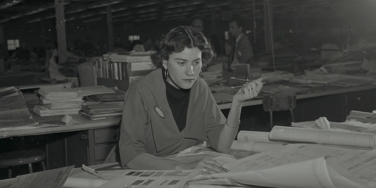 20th Century Women (2016) movie still: medium — A large industrial drafting room filled with long worktables and stacks of paper blueprints. A woman…