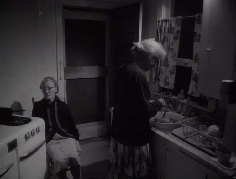 Eraserhead (1977) movie still: medium — A dimly lit 1950s kitchen features a stove, sink, and patterned curtains. One woman sits on a chair near the…