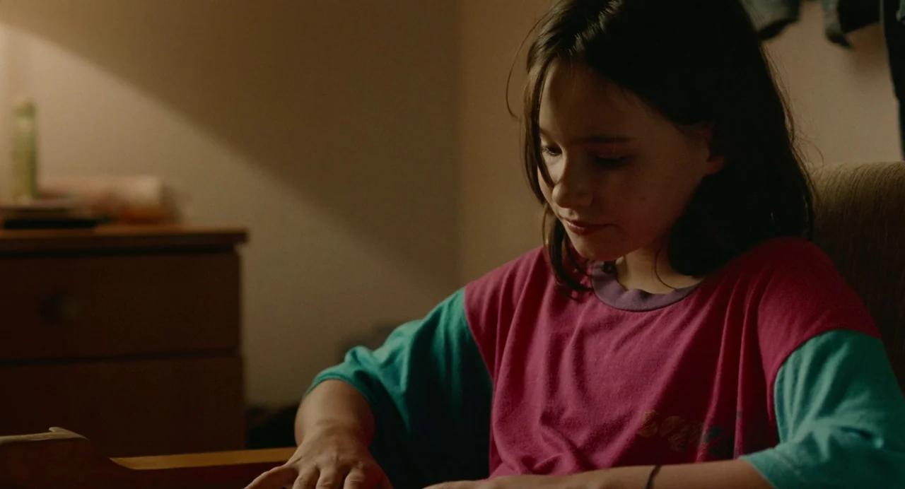 Aftersun (2022) movie still: medium — A dimly lit room with muted earth tones and a dark wooden dresser visible. A young girl in a brightly colored…