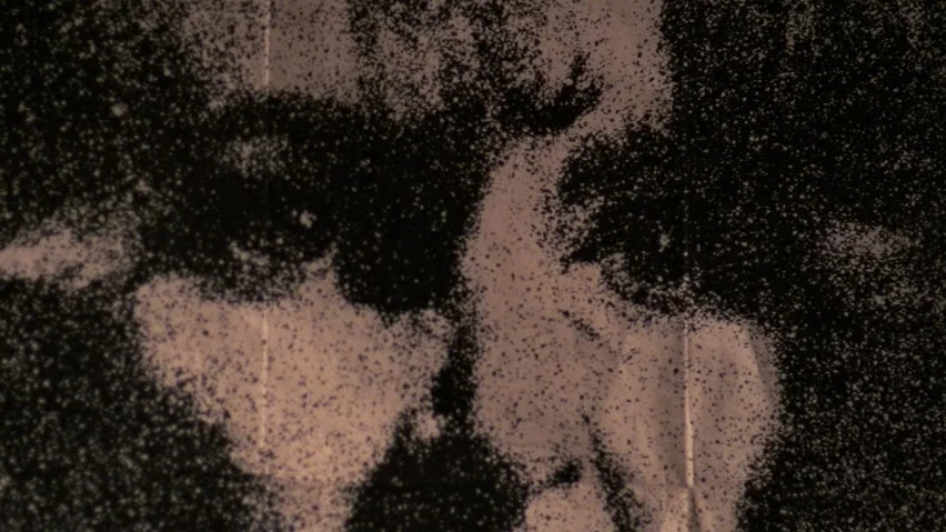 The Terrorizers (1986) movie still: closeup — An abstract, grainy field features dark specks scattered across a lighter, textured background.…