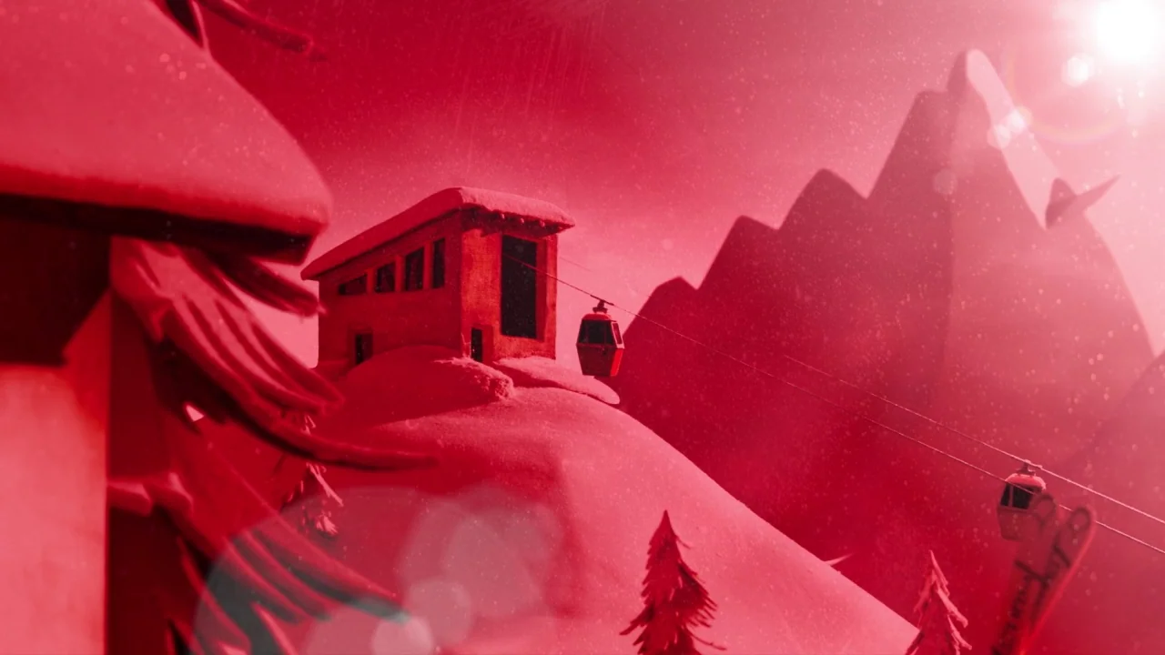 My Life as a Zucchini (2016) movie still: wide — A stylized red mountain landscape features a station atop a snow-covered hill. Small cable cars…