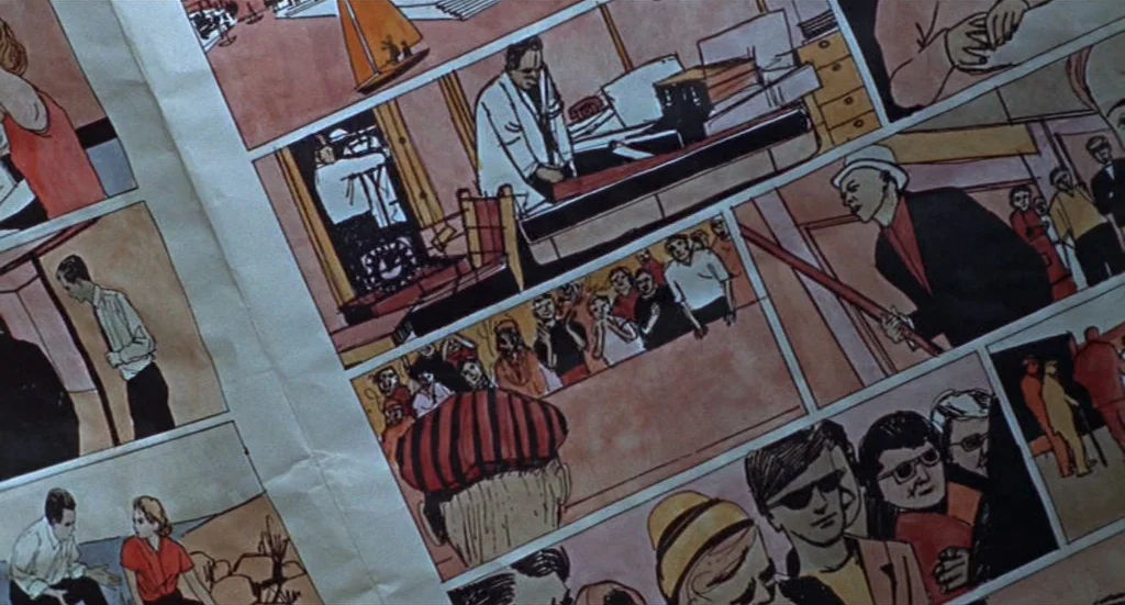 Fahrenheit 451 (1966) movie still: wide — A high-angle view shows a printed page filled with sequential comic panels. Various inked drawings of…