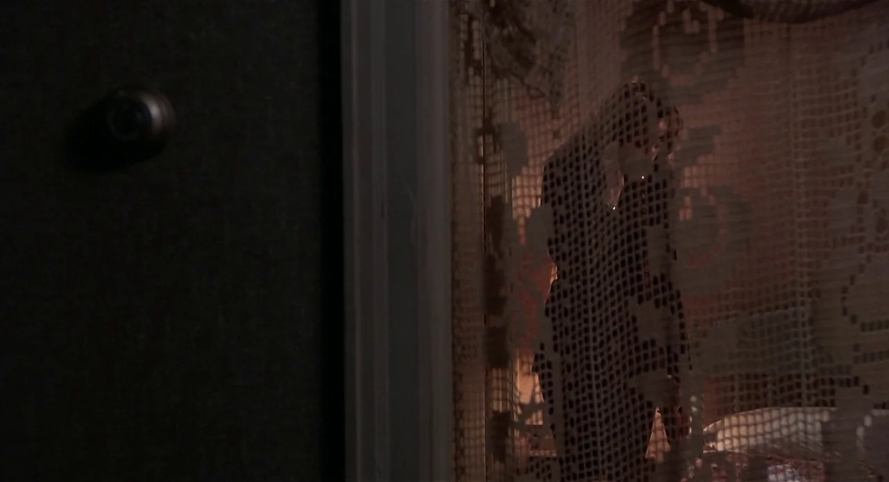 The Sixth Sense (1999) movie still: medium — A dimly lit room features a dark door and a sheer patterned lace curtain. A woman stands partially…