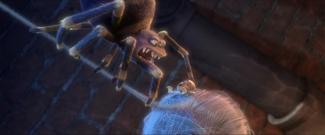 Boonie Bears: The Big Shrink (2018) movie still: medium — A dimly lit brick interior with a large spider web stretched across the space. A monstrous…
