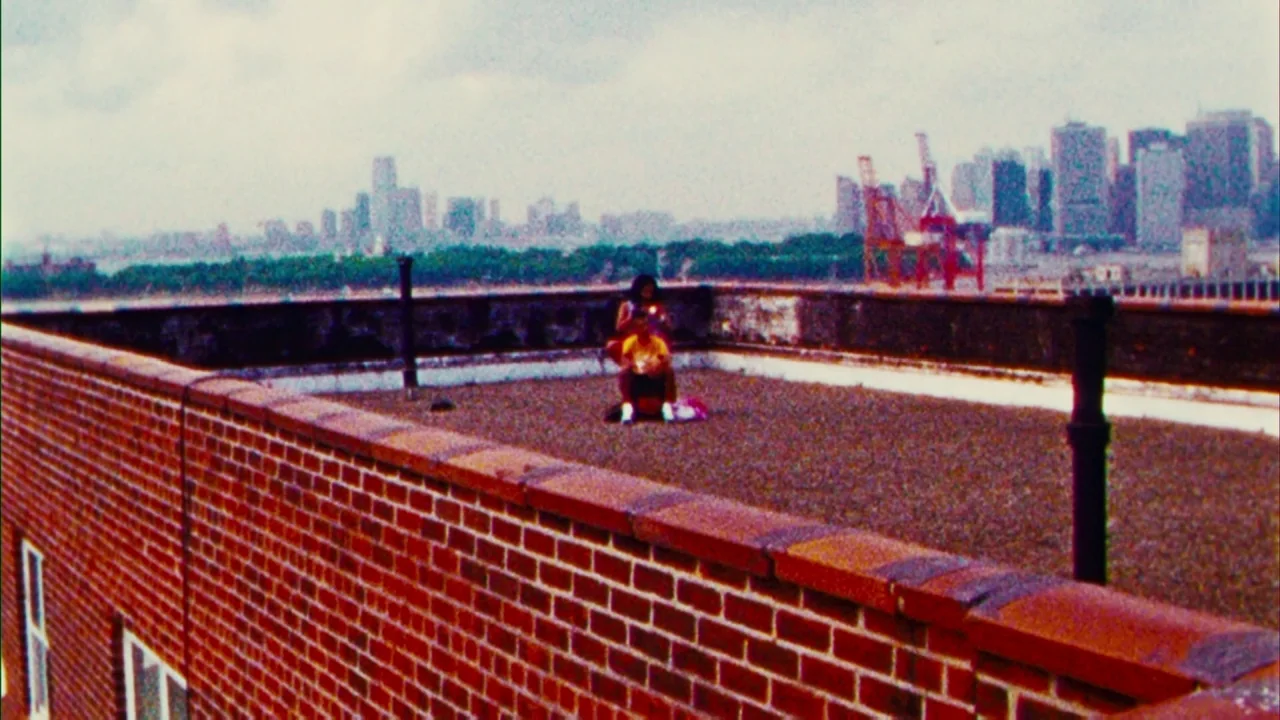 Red Hook Summer (2012) movie still: wide — A flat gravel rooftop with a low brick parapet overlooks a distant city skyline. Two individuals sit…