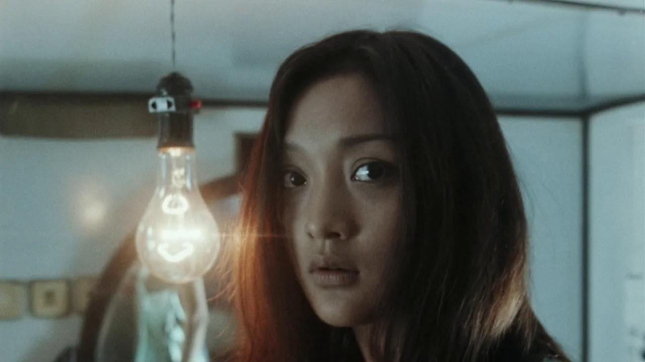 Suzhou River (2000) movie still: closeup — A dimly lit interior space with a singular exposed lightbulb hanging in the foreground. A young woman…