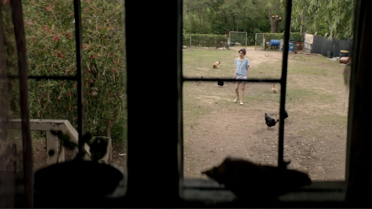 I Married a Dumbass (2016) movie still: wide — A woman walks across a dirt-covered farmyard filled with free-roaming chickens. The view is framed…