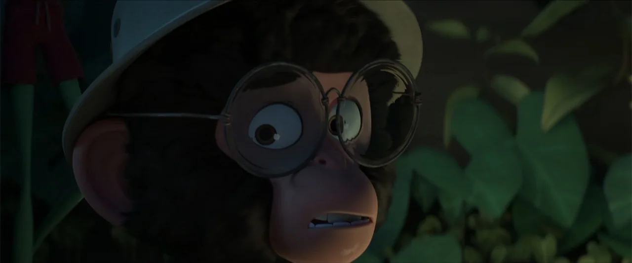 Around the World in 80 Days (2021) movie still: closeup — A dark-furred primate character wears a safari hat and thick round eyeglasses. The primate…