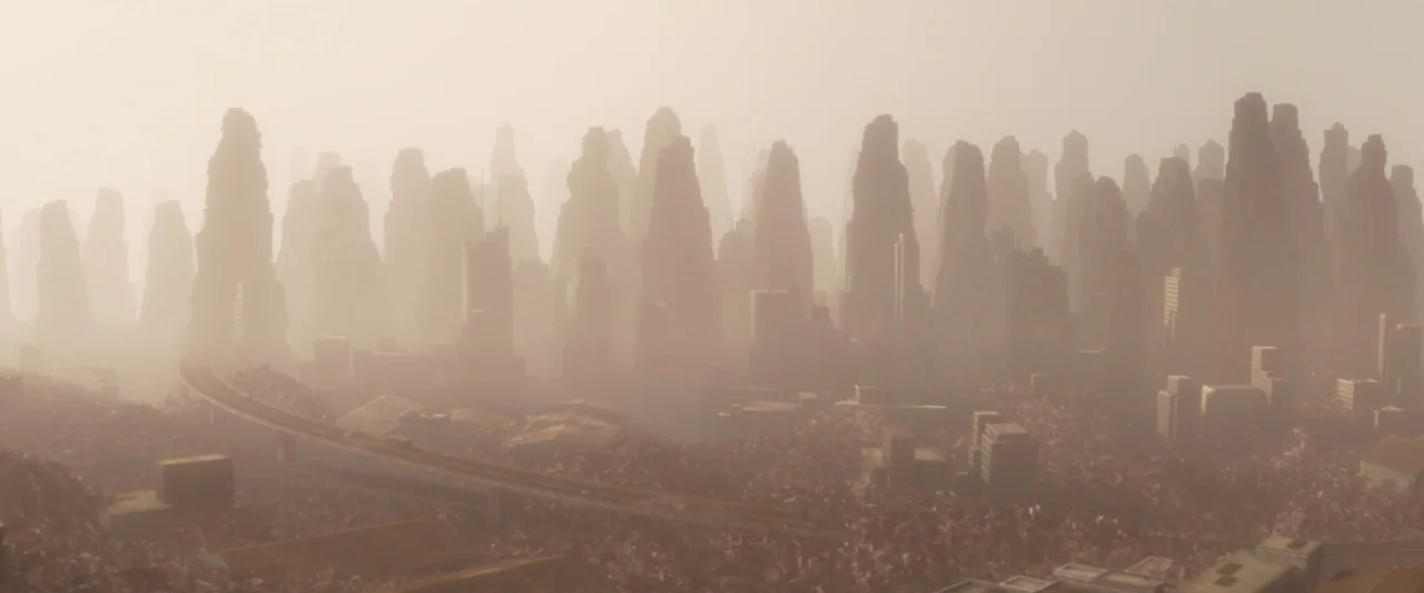 Wall-E (2008) movie still: establishing — A dense urban sprawl filled with tall, jagged towers sits under a thick haze. An elevated highway winds…