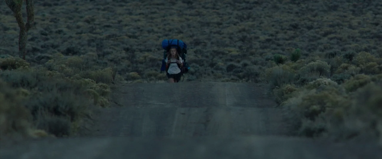 Wild (2014) movie still: wide — A vast, arid desert landscape features a narrow dirt road cutting through scrub brush. A lone female hiker walks…