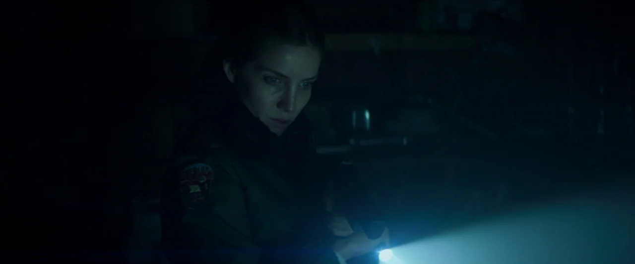 The Silencing (2020) movie still: medium — A dark, cluttered interior space is barely visible beyond the beam of light. A female police officer in…