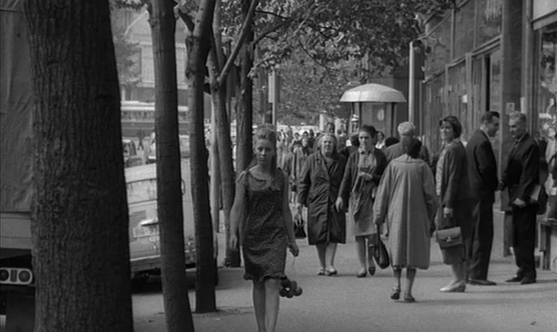 Love Affair, or the Case of the Missing Switchboard Operator (1967) movie still: fullbody — A busy city sidewalk features a line of trees and…