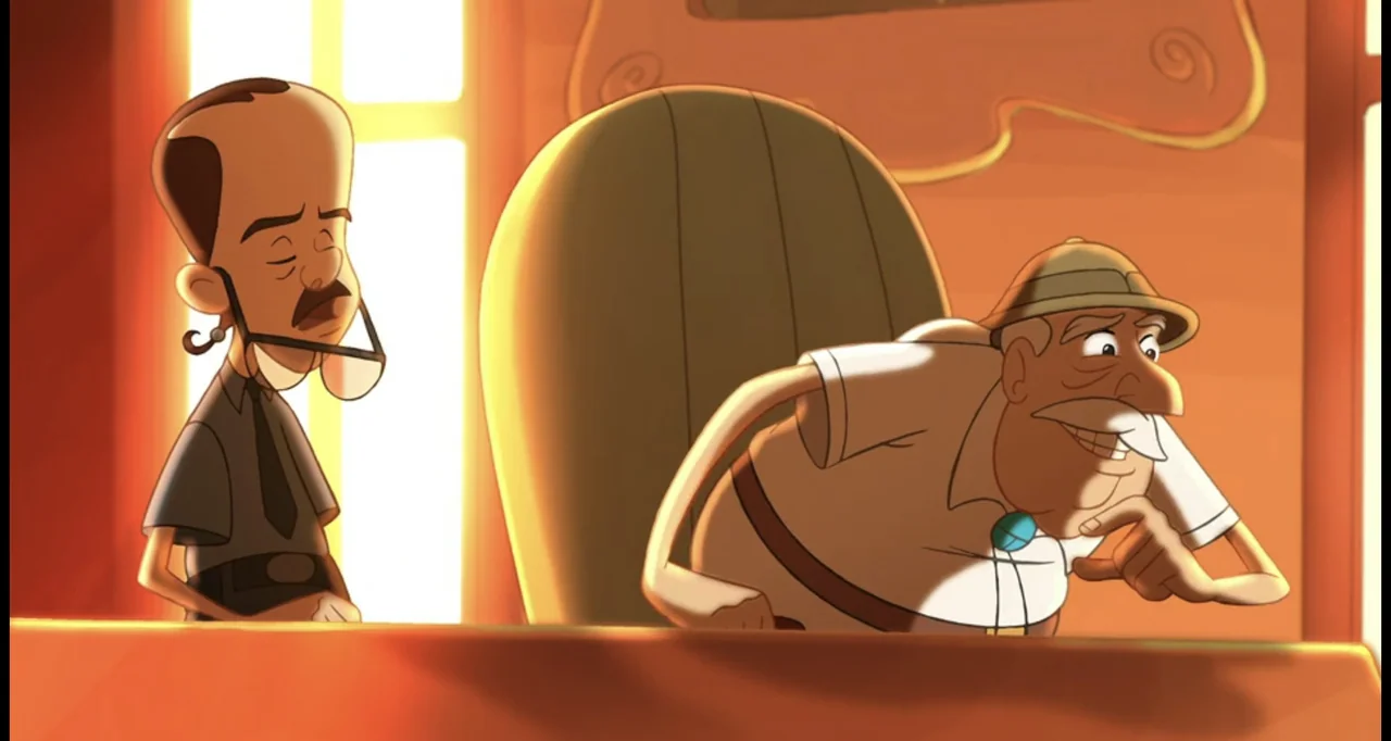 Curious George (2006) movie still: medium — A cartoon office space with warm yellow light pouring in from a large window. An elderly man in a pith…