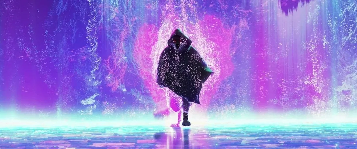 Puss in Boots: The Last Wish (2022) movie still: fullbody — An abstract landscape filled with shimmering neon particle effects and vertical streaks…