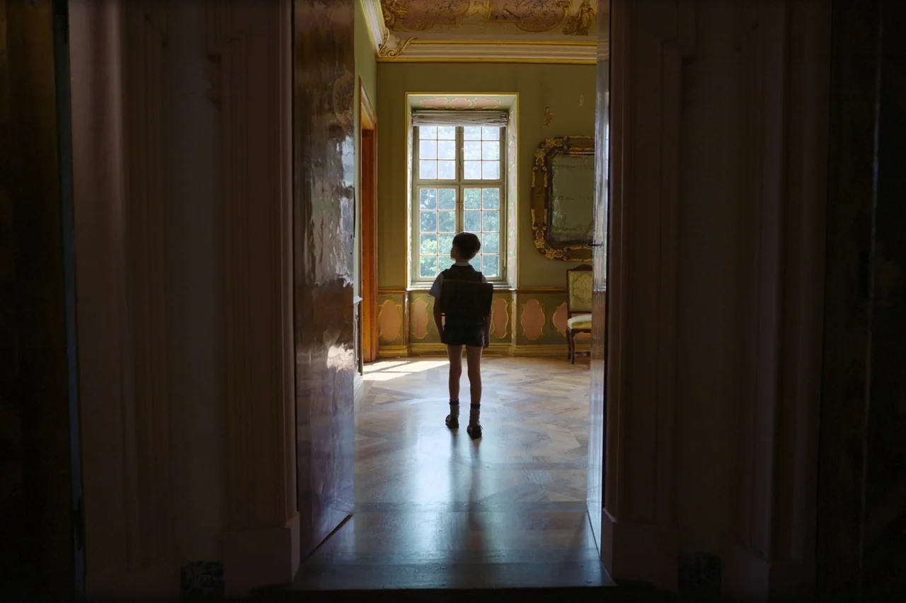 Anselm (2023) movie still: A young boy, small and solitary, stands in the doorway of a grand, quiet room, gazing out of a sunlit window. The…
