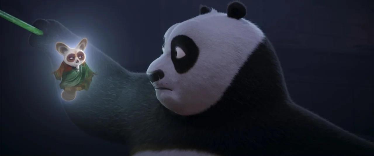 Kung Fu Panda 4 (2024) movie still: medium — A dark, dimly lit environment serves as the background for two stylized animated creatures. A large…