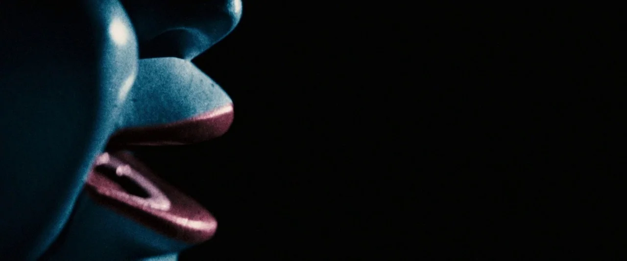 Dead Silence (2007) movie still: closeup — A dark space features only the side profile of a face against black. The mouth is partially open and…