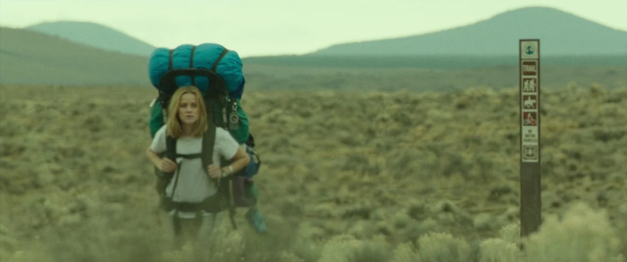 Wild (2014) movie still: wide — A vast, open wilderness landscape features low brush and rolling hills under an overcast sky. A woman walks toward…