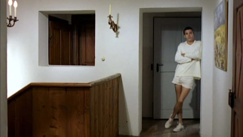 Funny Games (1997) movie still: fullbody — A residential hallway features white plaster walls, wooden paneling, and an open doorway. A man stands in…