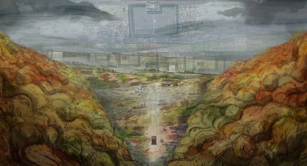 Wolfwalkers (2020) movie still: establishing — A wide valley sits between two large mounds of orange and green autumn foliage. A distant walled city…