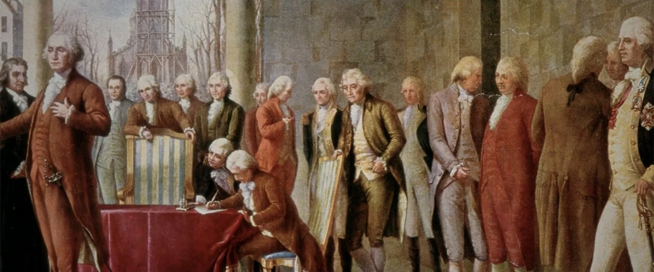 All In: The Fight for Democracy (2020) movie still: wide — A group of men in colonial attire stand in an ornate stone-walled hall. One man sits at a…