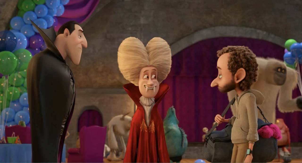 Hotel Transylvania 2 (2015) movie still: medium — A stone interior room decorated with clusters of colorful balloons and purple curtains. Three…