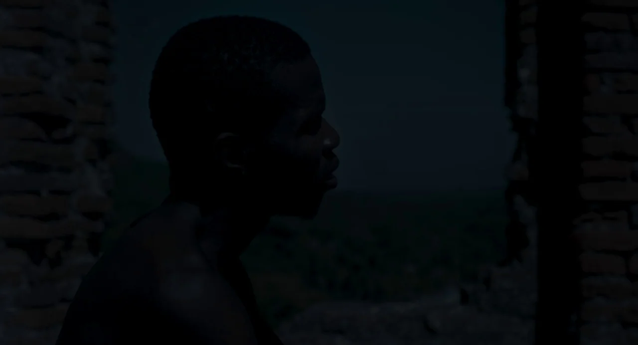 Zombi Child (2019) movie still: medium — A man stands between two weathered red brick pillars at night. He is positioned in profile, looking out…