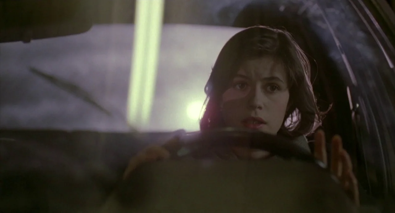Three Colours: Red (1994) movie still: closeup — The interior of a car at night seen from the passenger seat perspective. A woman holds the steering…