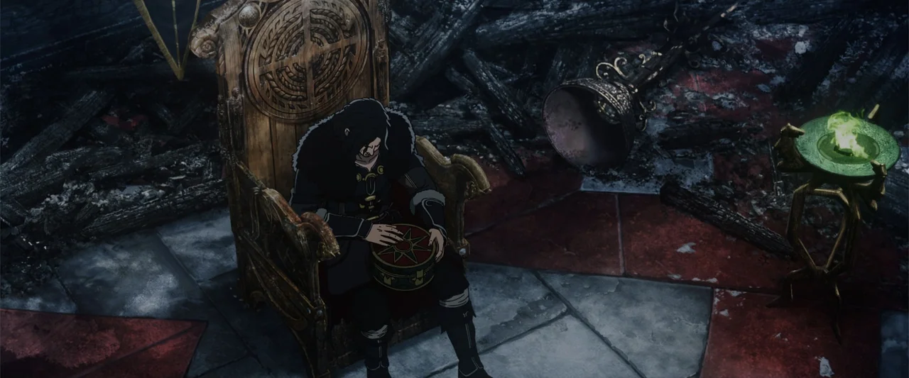 The Lord of the Rings: The War of the Rohirrim (2024) movie still: medium — A destroyed hall features charred remains and red tile flooring around a…
