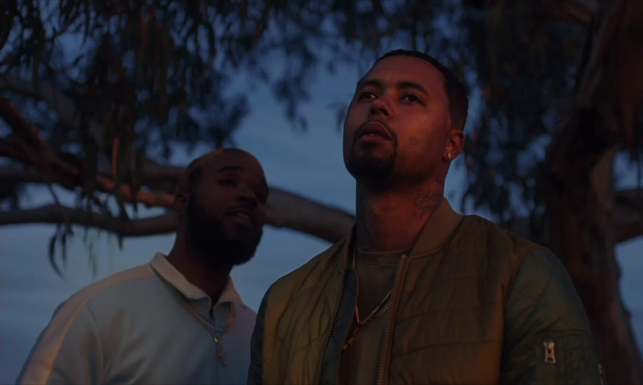 The Last Black Man in San Francisco (2019) movie still: medium — Two men stand outdoors under tree branches during the transition into late dusk.…