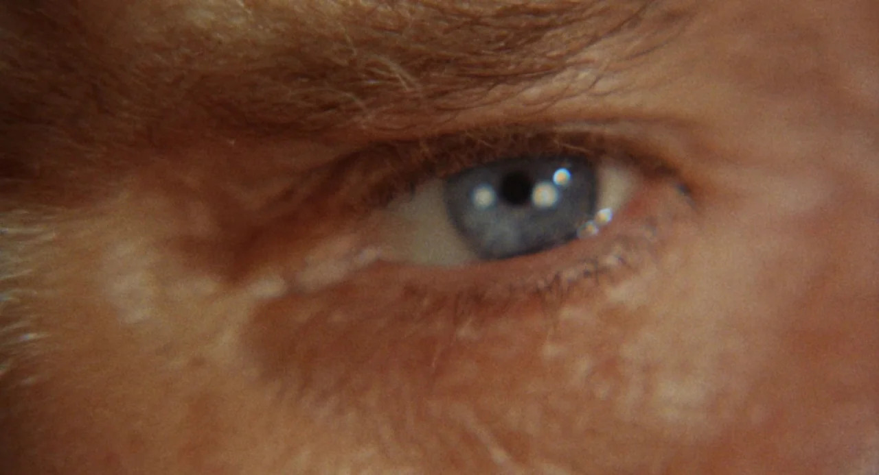 The Swimmer (1968) movie still: closeup — An extreme close-up focuses on a single human eye and surrounding skin. Fine texture and natural skin…