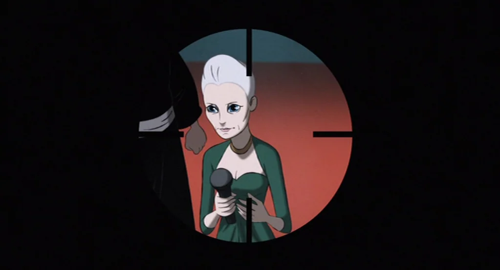 The Congress (2013) movie still: medium — A woman in a green dress holds a microphone under a round black vignette. A partially visible figure in a…