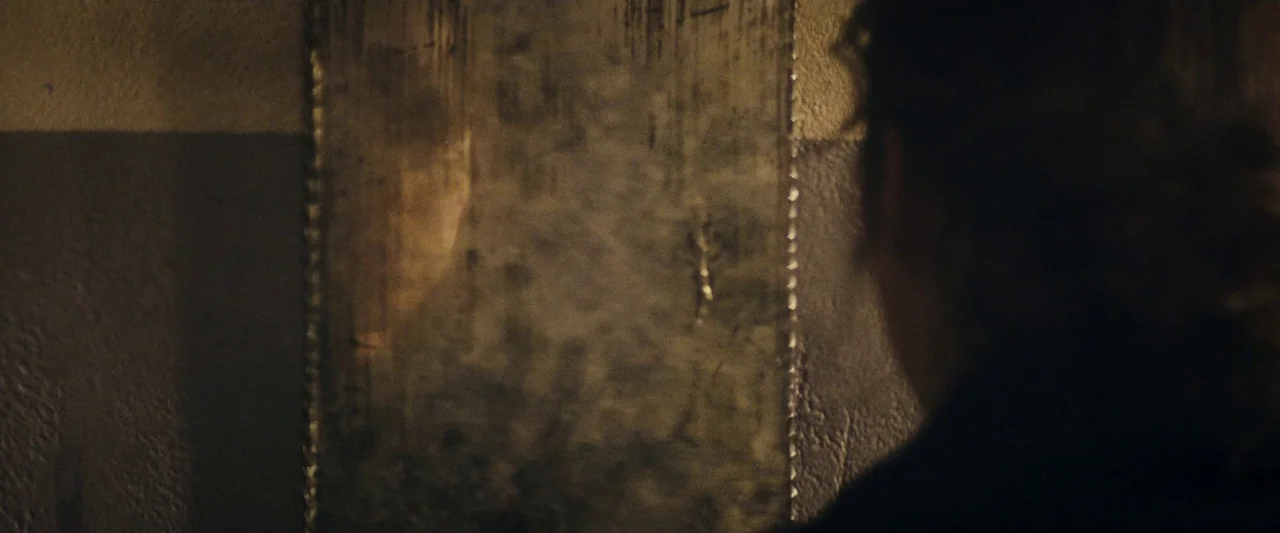 The Immigrant (2013) movie still: closeup — A dark interior space features a weathered wall panel with distinct textural damage. A person is seen…