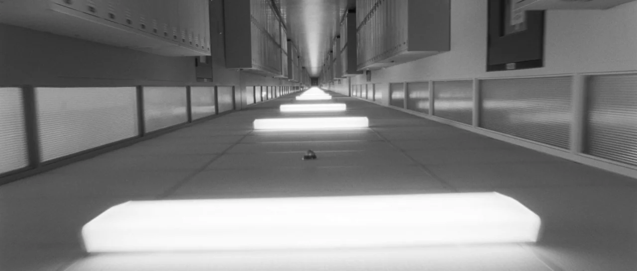 Polytechnique (2009) movie still: establishing — A long, narrow sterile hallway features rows of white storage lockers and glass-paneled walls. A…