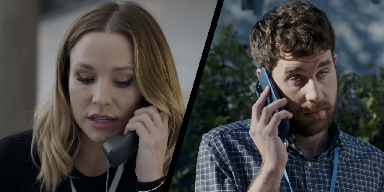 The People We Hate at the Wedding (2022) movie still: closeup — A split-screen composition shows two people engaged in separate telephone…