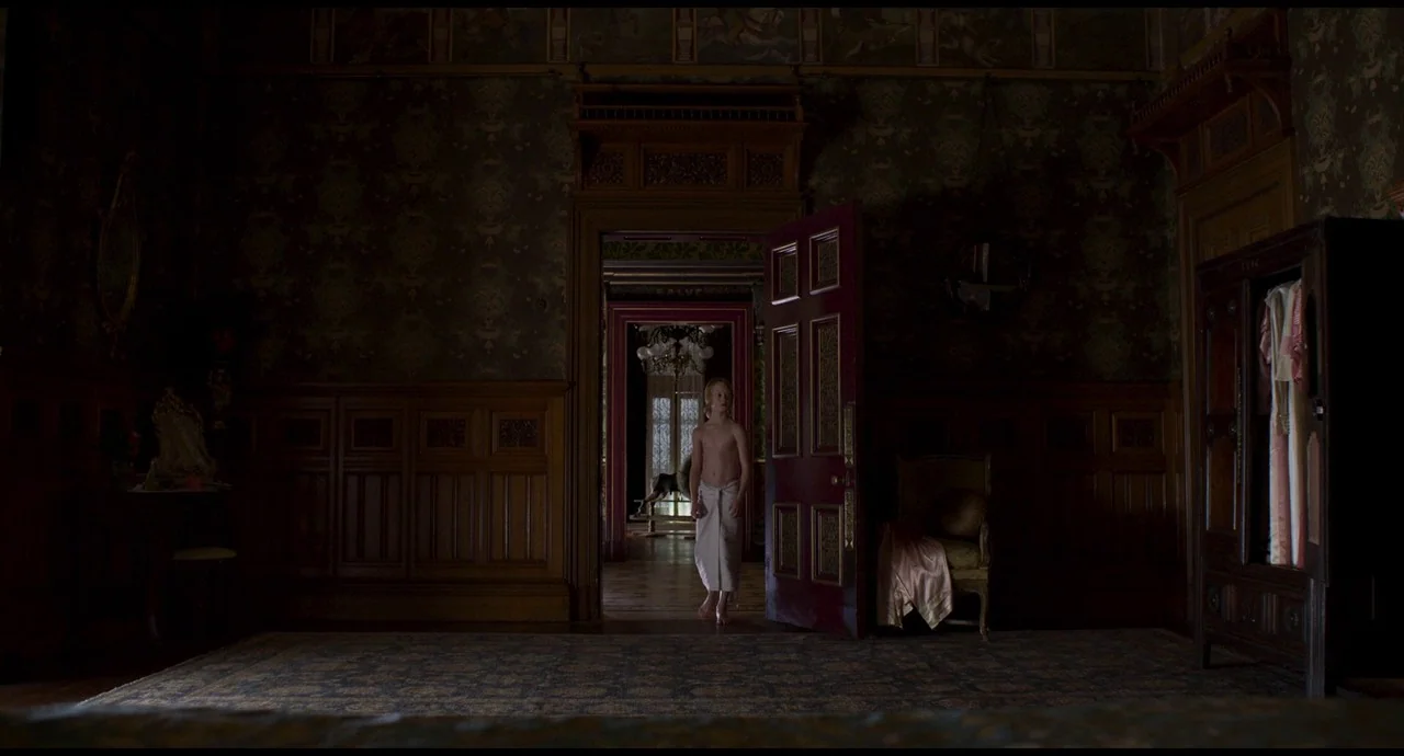 True History of the Kelly Gang (2019) movie still: wide — A dark, wood-paneled room features ornate Victorian-style wallpaper and heavy dark wood…