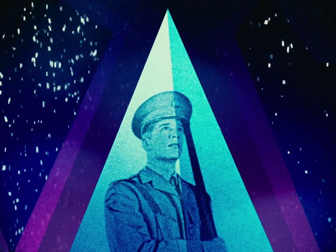The Twentieth Century (2019) movie still: medium — A stylized cartoon rendering of a soldier standing inside a bright geometric light beam. The dark…