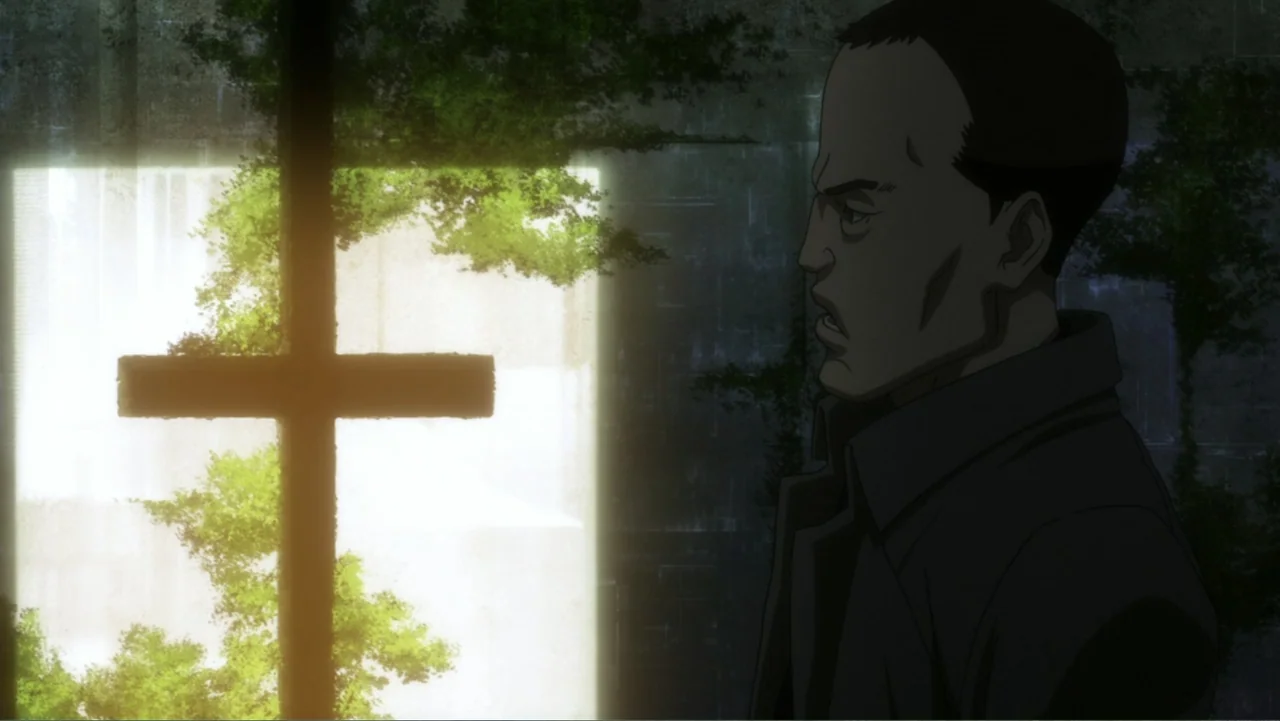 Ghost in the Shell: The New Movie (2015) movie still: medium — An interior space features a dark cross silhouette positioned against a bright,…