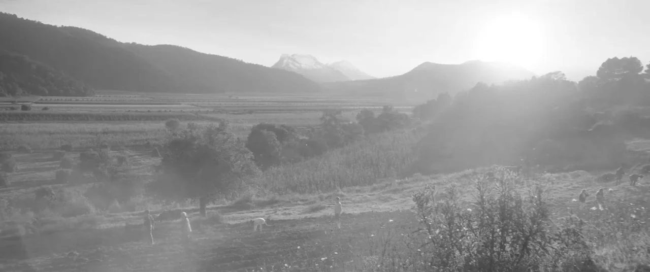 Roma (2018) movie still: establishing — A wide sun-drenched valley with terraced farm fields and distant mountains. Several figures stand and move…