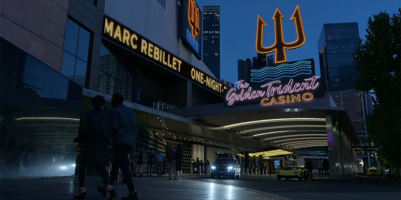 Ricky Stanicky (2024) movie still: wide — A wide view of a modern casino entrance at twilight with a large illuminated trident sign. People walk…