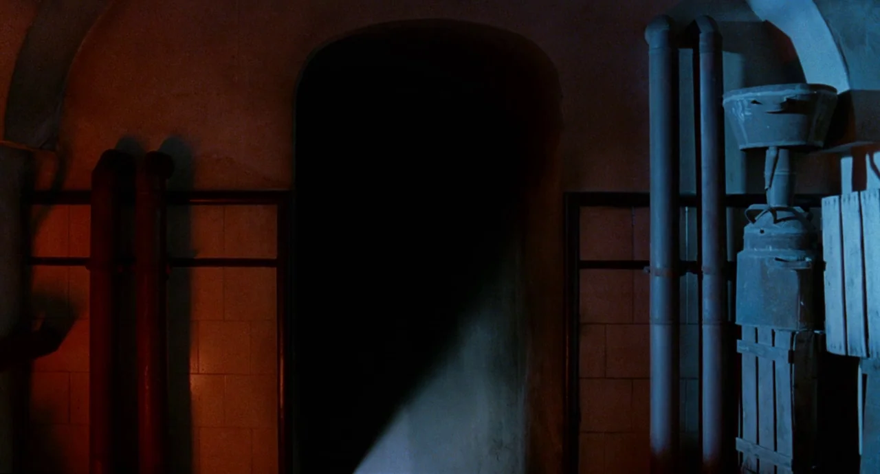 The Devils Backbone (2001) movie still: establishing — A dark subterranean space features a central arched doorway flanked by industrial plumbing…