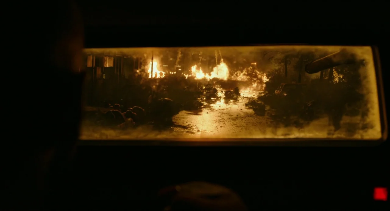 Dawn of the Planet of the Apes (2014) movie still: wide — A dark city street is engulfed in large, flickering flames from multiple debris piles. The…