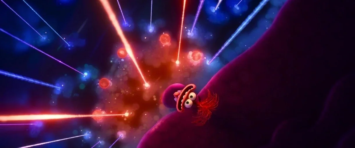 Inside Out 2 (2024) movie still: wide — A dark purple nebula in outer space is filled with glowing red and blue lasers. A small purple character…